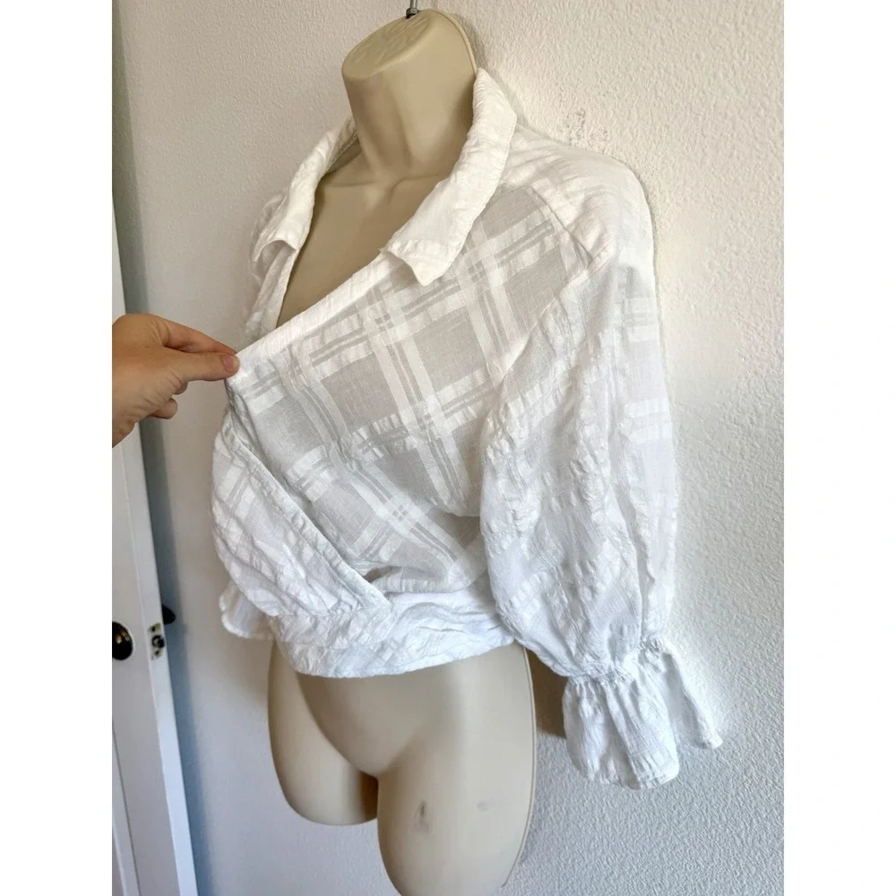 Anthropologie White Gauze Wrap Top Sz S 3/4 Puff Sleeve Collared Light Romantic